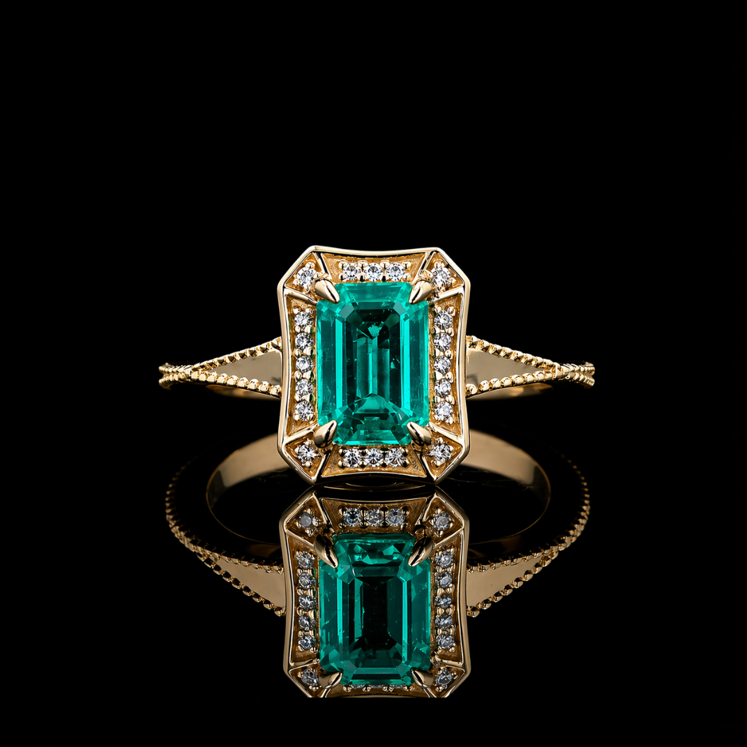 The Deco Empress — Emerald Halo Ring