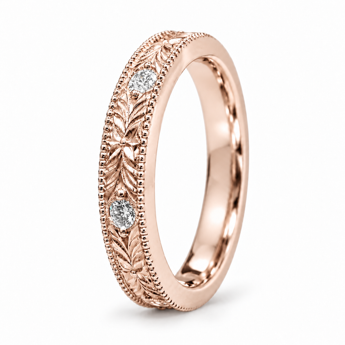 Hand-Carved Diamond Vintage Solid Gold Band (3mm) angle view in 14K Rose Gold