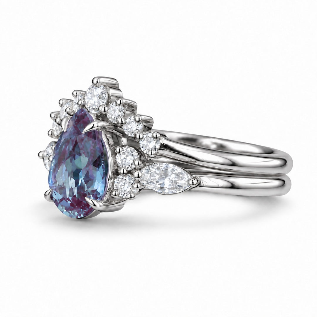 The Vespera — Pear Alexandrite Crown Ring in platinum, angled view