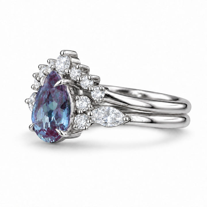 The Vespera — Pear Alexandrite Crown Ring in platinum, angled view