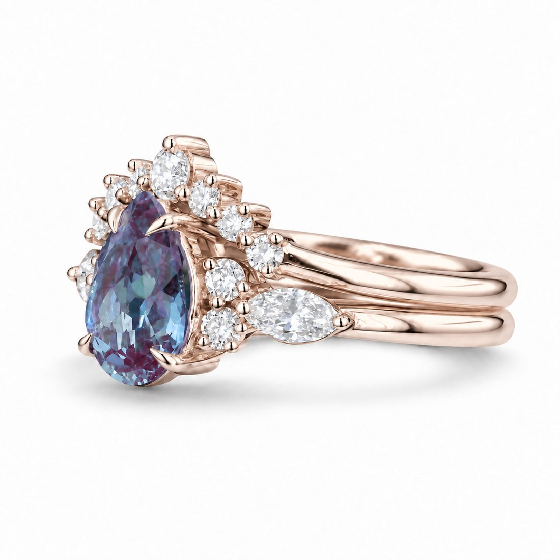 The Vespera — Pear Alexandrite Crown Ring in 14K rose gold, angled view