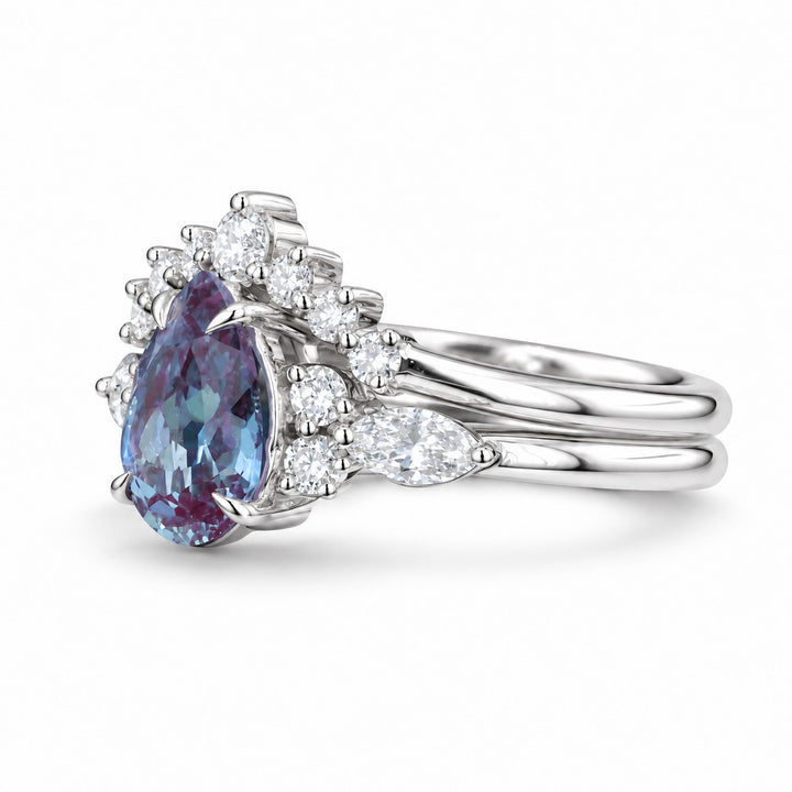 The Vespera — Pear Alexandrite Crown Ring in 14K white gold, angled view