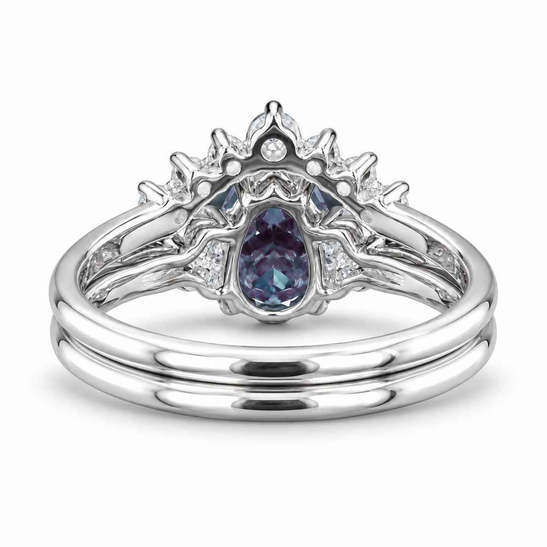 The Vespera — Pear Alexandrite Crown Ring in 14K white gold, back view