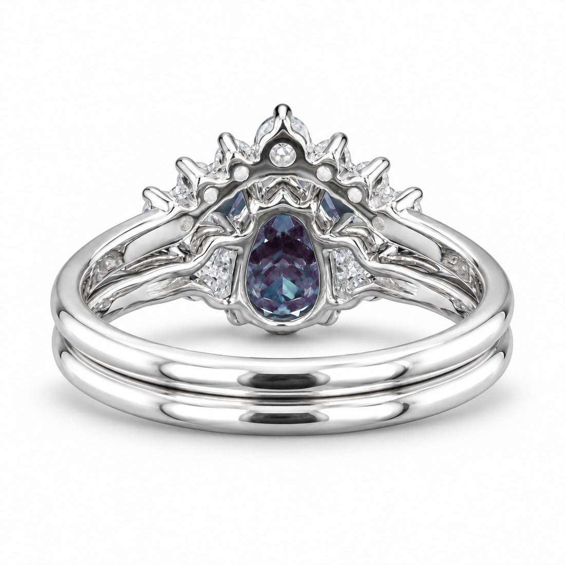 The Vespera — Pear Alexandrite Crown Ring in 14K white gold, back view