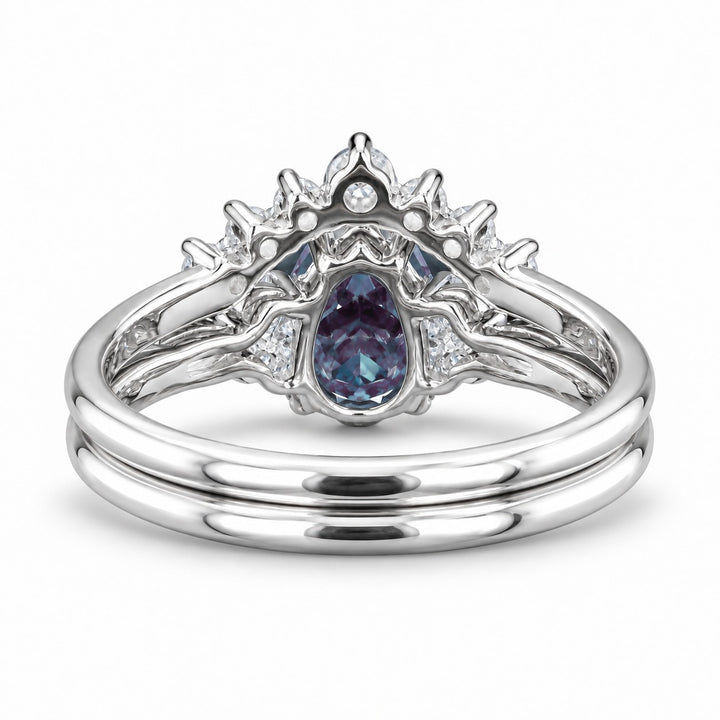 The Vespera — Pear Alexandrite Crown Ring in 14K white gold, back view
