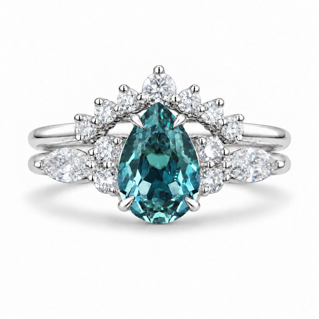 The Vespera — Pear Alexandrite Crown Ring in 14K white gold, in daylight