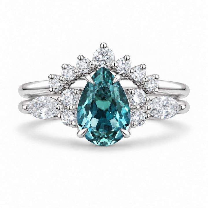 The Vespera — Pear Alexandrite Crown Ring in 14K white gold, in daylight