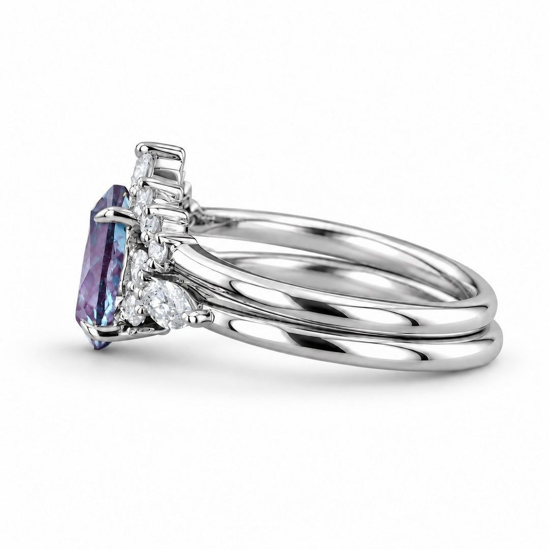 The Vespera — Pear Alexandrite Crown Ring in platinum, side view