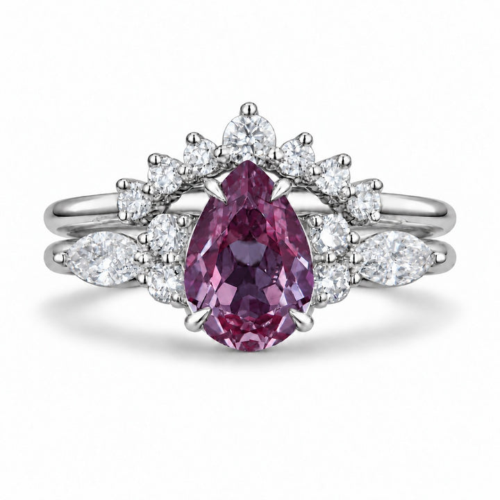 The Vespera — Pear Alexandrite Crown Ring in platinum, in warm light