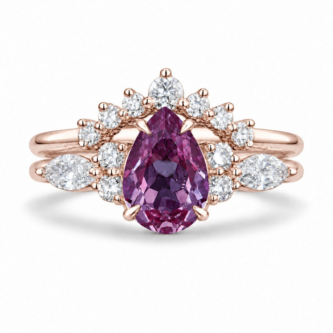 The Vespera — Pear Alexandrite Crown Ring in 14K rose gold, in warm light