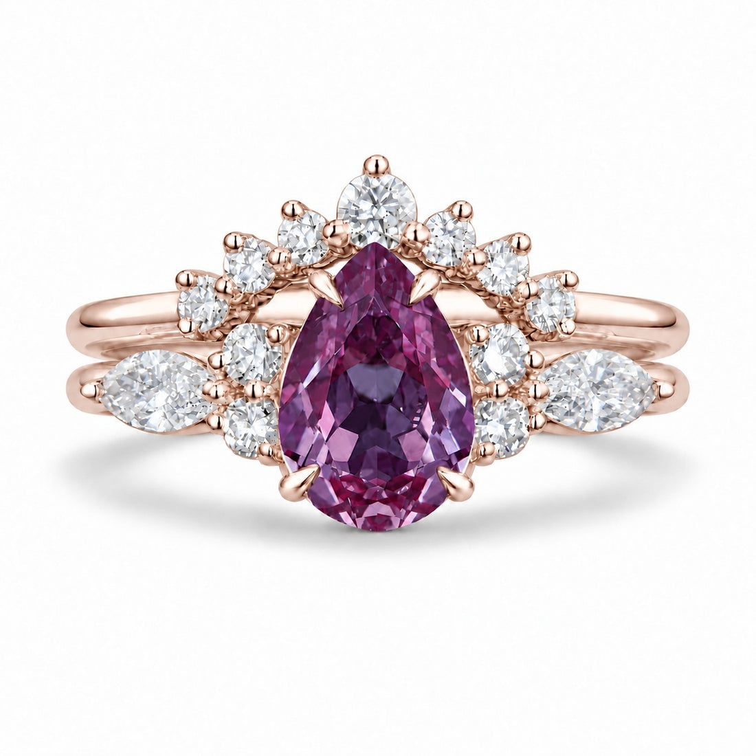 The Vespera — Pear Alexandrite Crown Ring in 14K rose gold, in warm light