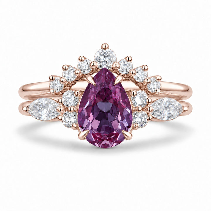 The Vespera — Pear Alexandrite Crown Ring in 14K rose gold, in warm light