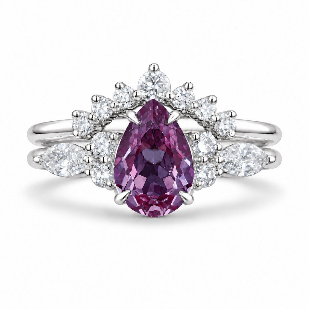 The Vespera — Pear Alexandrite Crown Ring in 14K white gold, in warm light