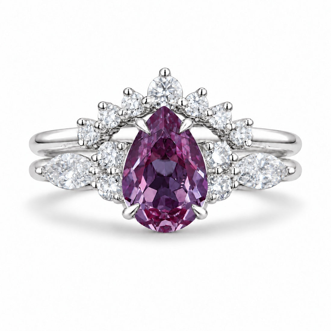 The Vespera — Pear Alexandrite Crown Ring in 14K white gold, in warm light