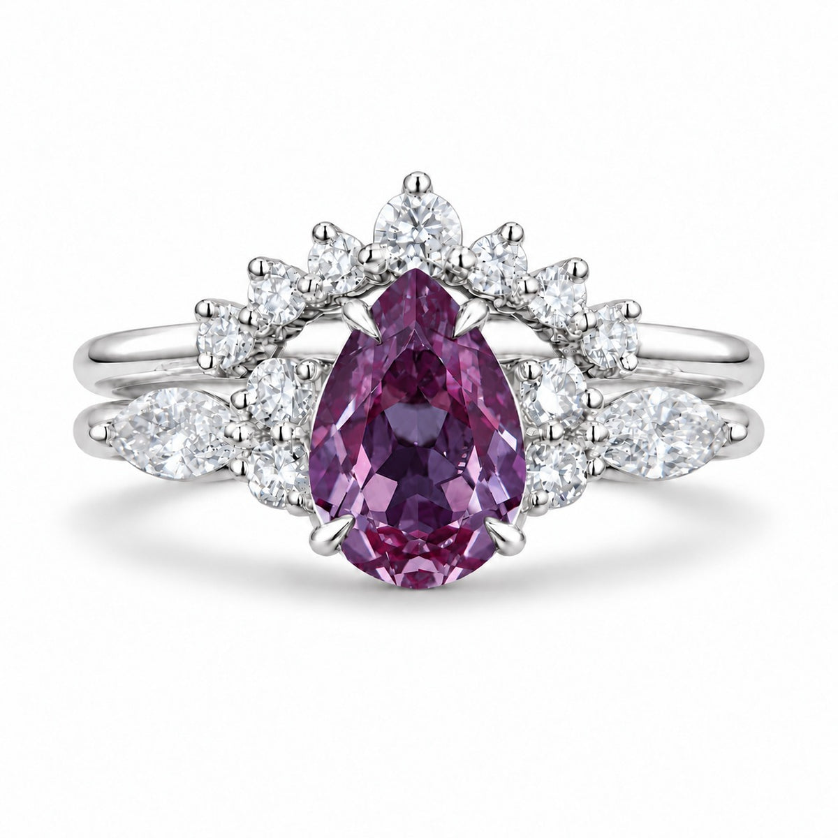 The Vespera — Pear Alexandrite Crown Ring in 14K white gold, in warm light