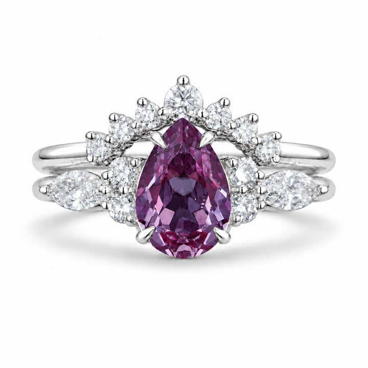 The Vespera — Pear Alexandrite Crown Ring in 14K white gold, in warm light