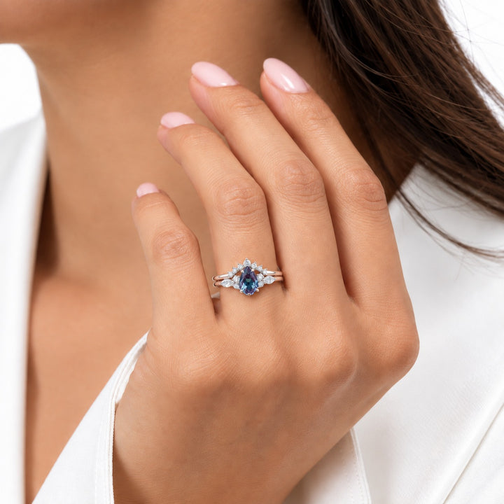 The Vespera — Pear Alexandrite Crown Ring in 14K rose gold, worn on hand
