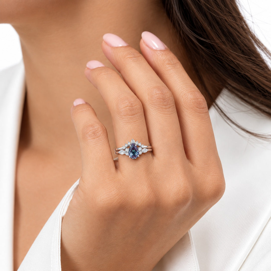 The Vespera — Pear Alexandrite Crown Ring in 14K white gold, worn on hand
