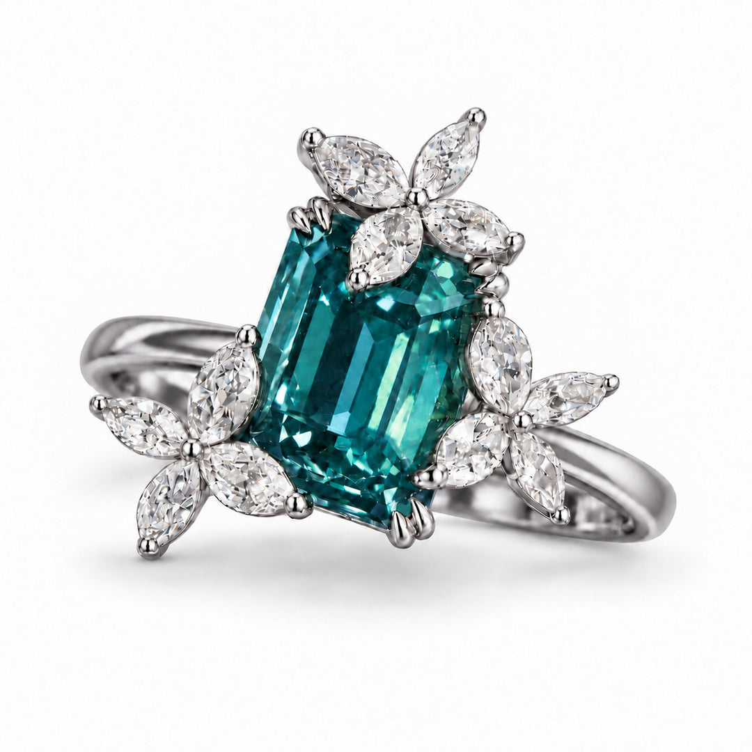 The Jardin — Emerald-Cut Alexandrite Floral Ring in platinum, in daylight