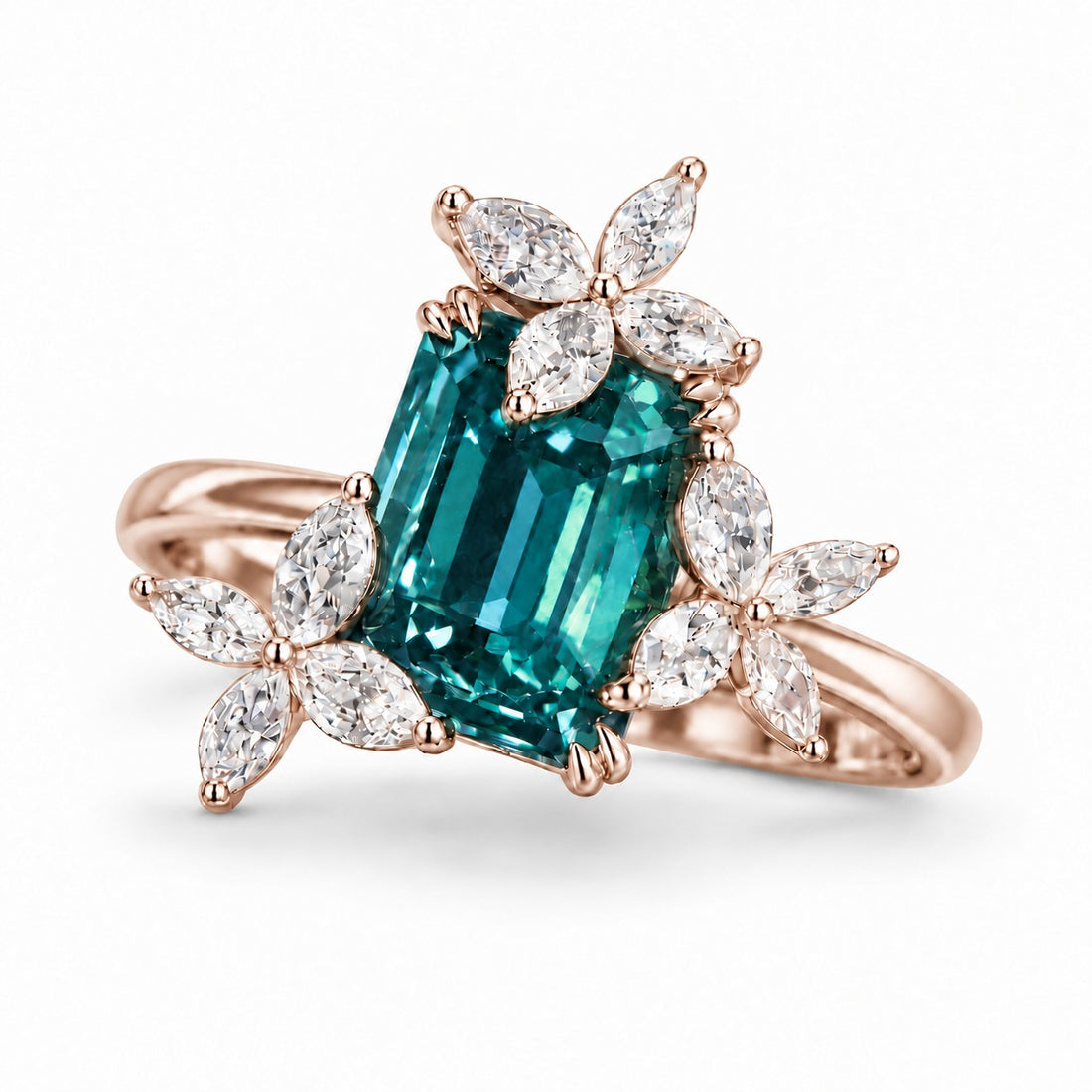 The Jardin — Emerald-Cut Alexandrite Floral Ring in 14K rose gold, in daylight