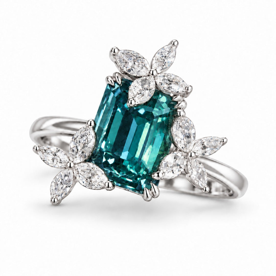 The Jardin — Emerald-Cut Alexandrite Floral Ring in 14K white gold, in daylight