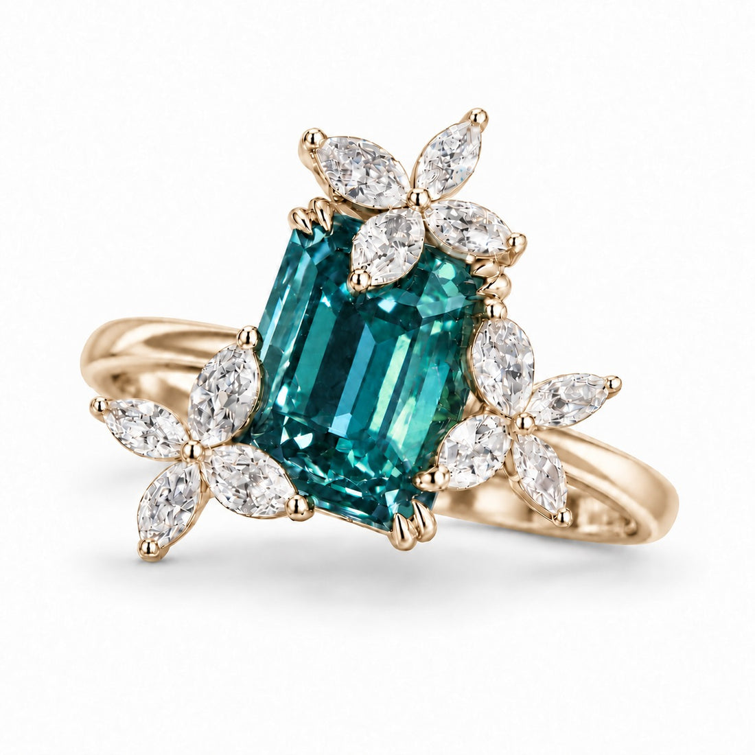 The Jardin — Emerald-Cut Alexandrite Floral Ring in 14K yellow gold, in daylight
