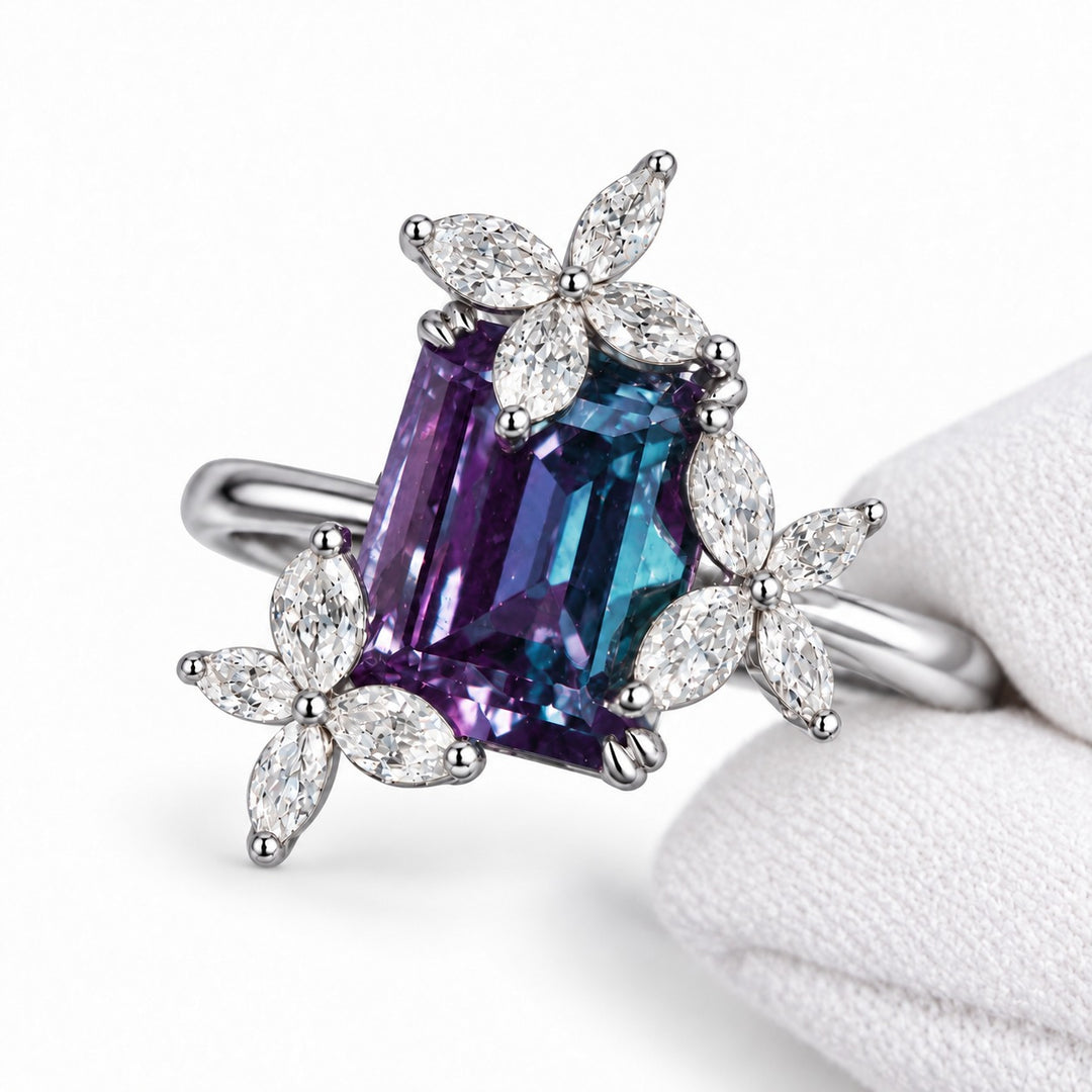 The Jardin — Emerald-Cut Alexandrite Floral Ring in platinum, detail view
