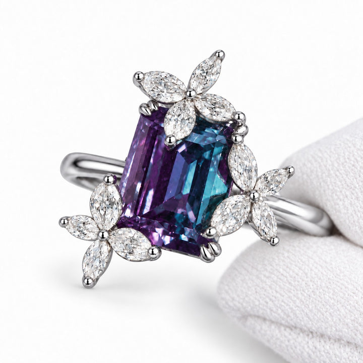 The Jardin — Emerald-Cut Alexandrite Floral Ring in platinum, detail view