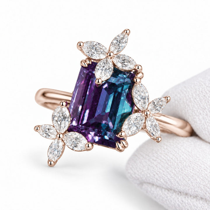 The Jardin — Emerald-Cut Alexandrite Floral Ring in 14K rose gold, detail view