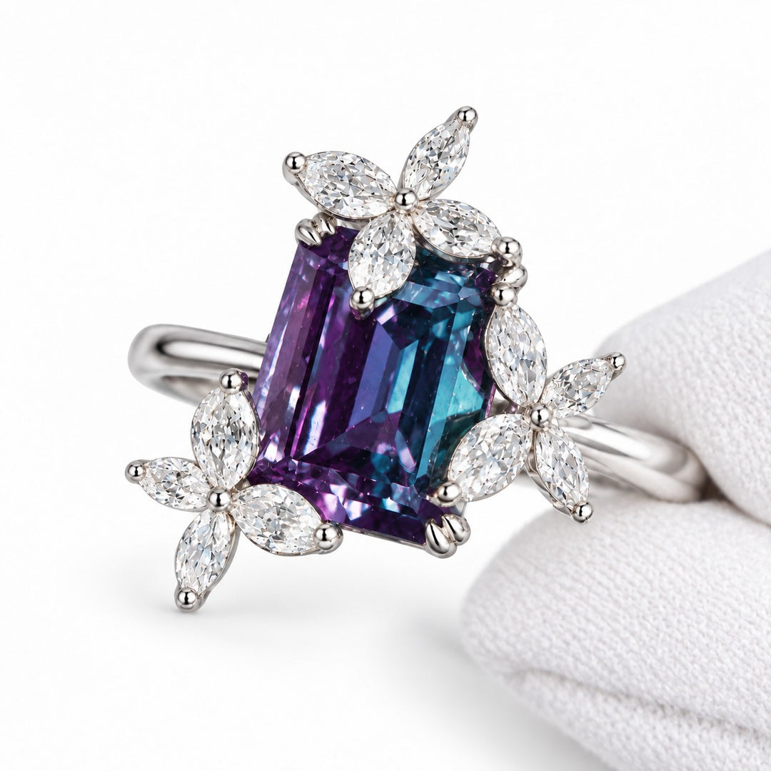 The Jardin — Emerald-Cut Alexandrite Floral Ring in 14K white gold, detail view