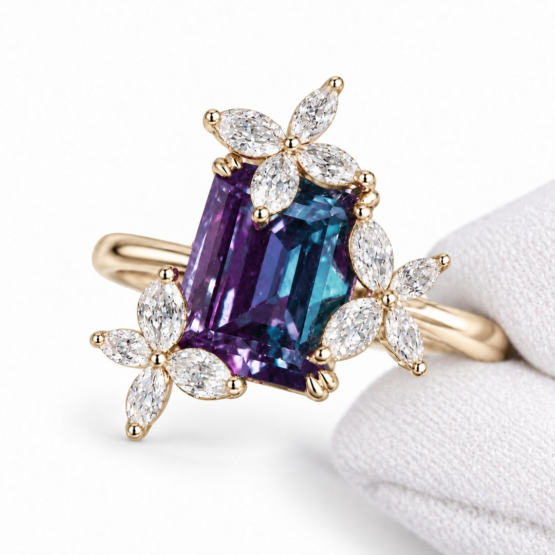 The Jardin — Emerald-Cut Alexandrite Floral Ring in 14K yellow gold, detail view