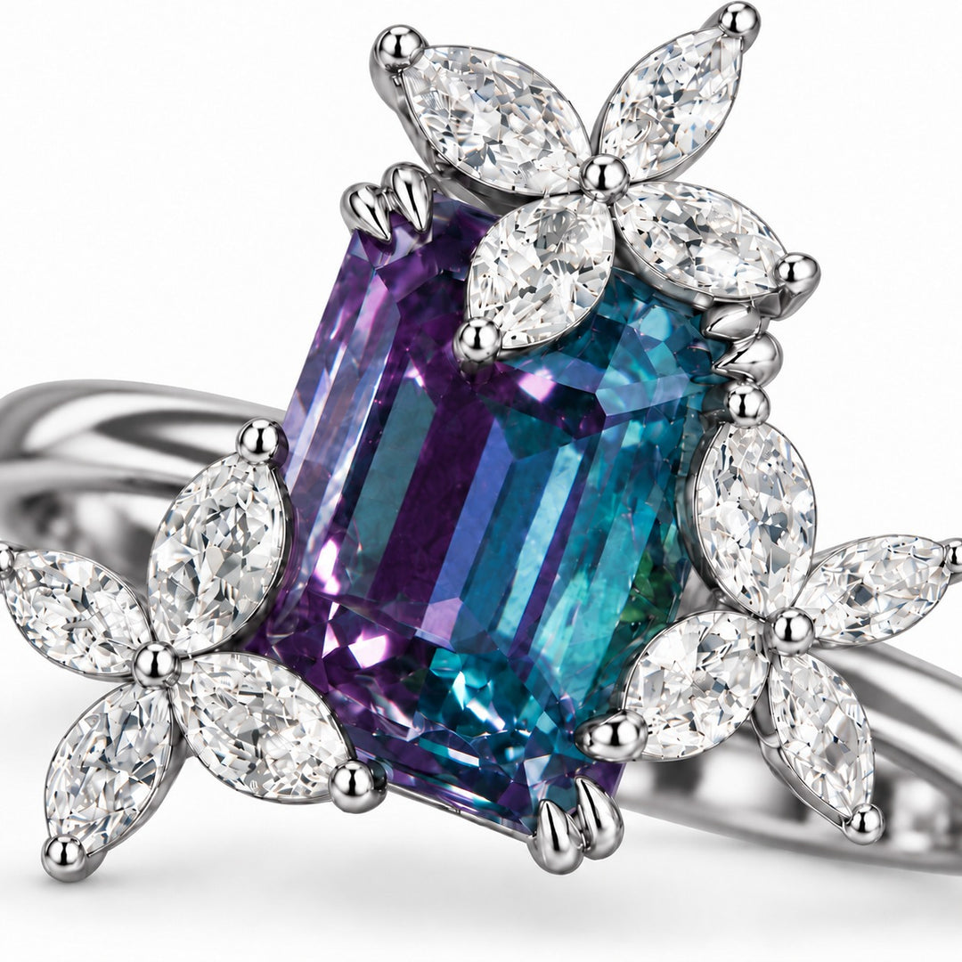 The Jardin — Emerald-Cut Alexandrite Floral Ring in platinum, close-up