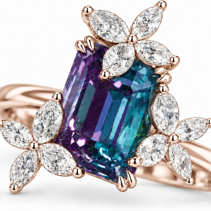 The Jardin — Emerald-Cut Alexandrite Floral Ring in 14K rose gold, close-up