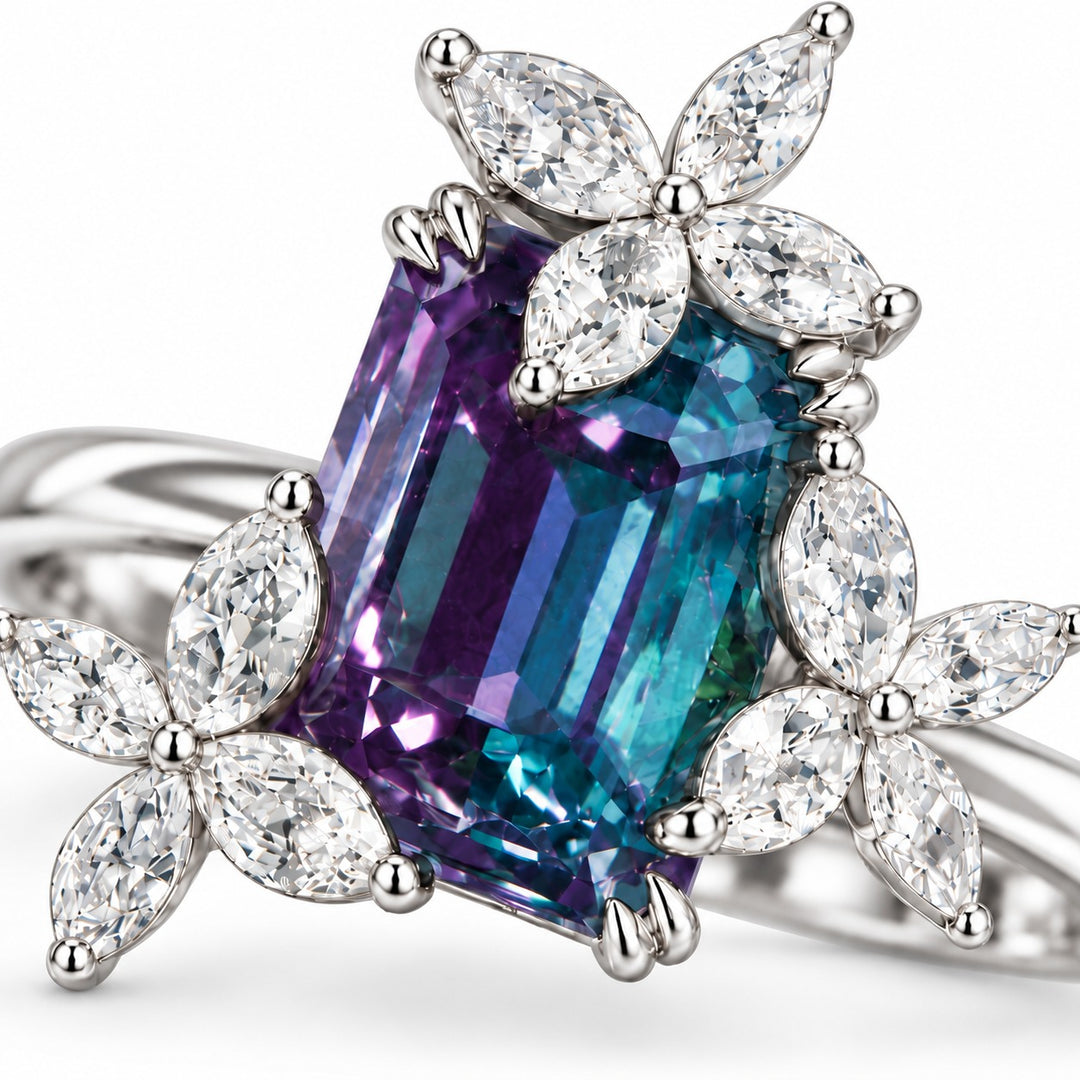The Jardin — Emerald-Cut Alexandrite Floral Ring in 14K white gold, close-up