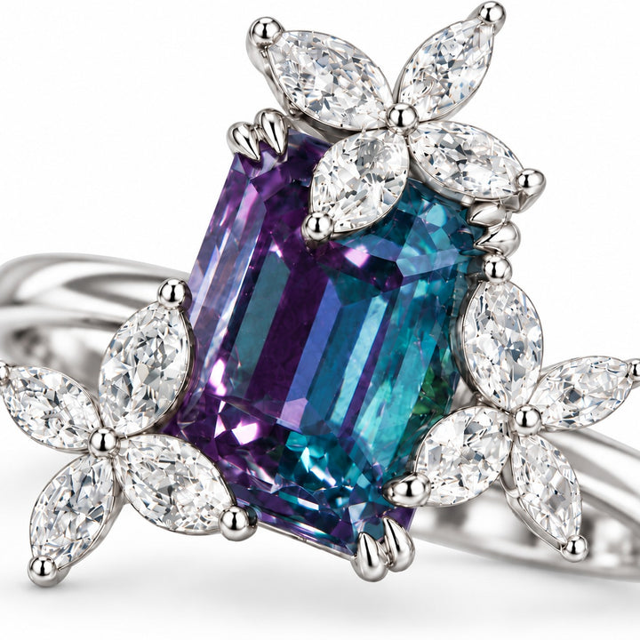 The Jardin — Emerald-Cut Alexandrite Floral Ring in 14K white gold, close-up