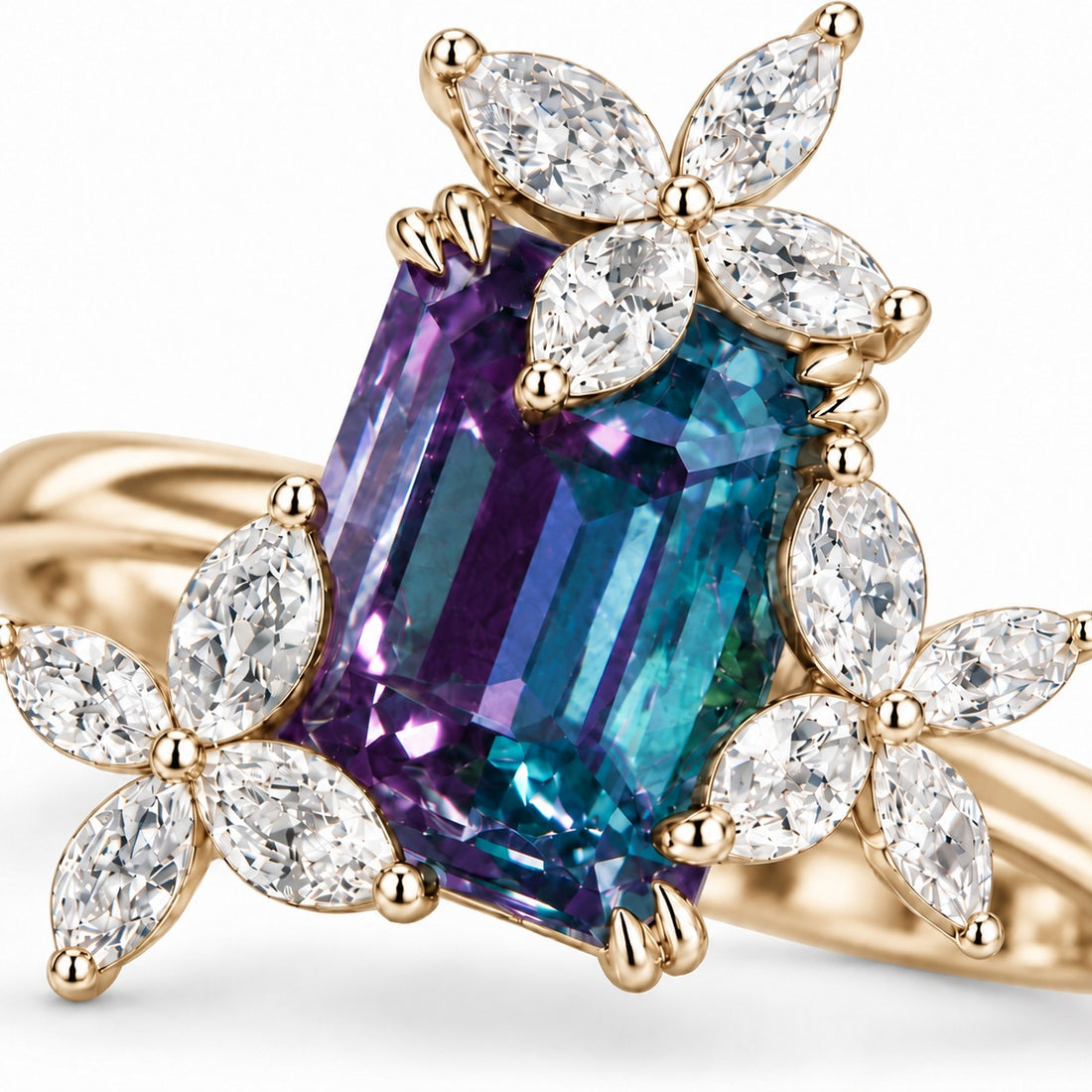 The Jardin — Emerald-Cut Alexandrite Floral Ring in 14K yellow gold, close-up