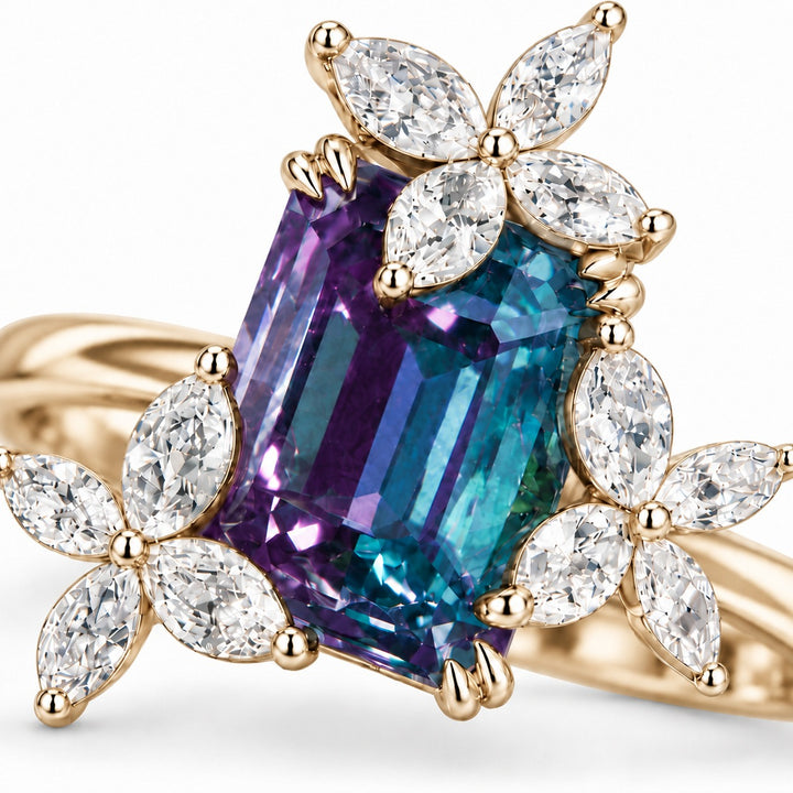 The Jardin — Emerald-Cut Alexandrite Floral Ring in 14K yellow gold, close-up