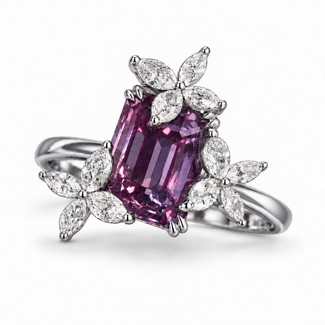 The Jardin — Emerald-Cut Alexandrite Floral Ring in platinum, in warm light