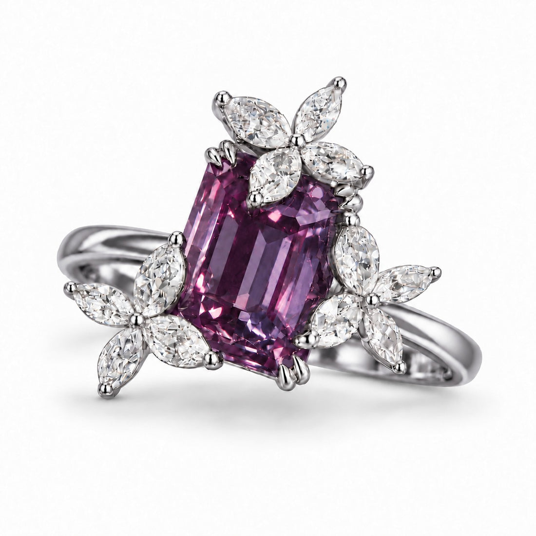 The Jardin — Emerald-Cut Alexandrite Floral Ring in platinum, in warm light