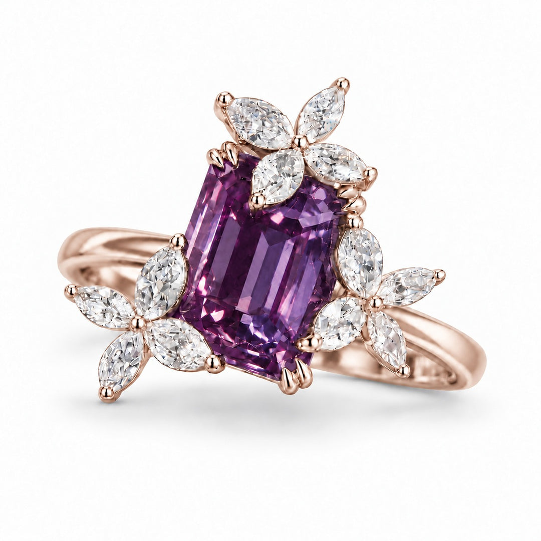 The Jardin — Emerald-Cut Alexandrite Floral Ring in 14K rose gold, in warm light