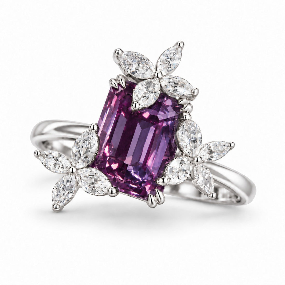 The Jardin — Emerald-Cut Alexandrite Floral Ring in 14K white gold, in warm light