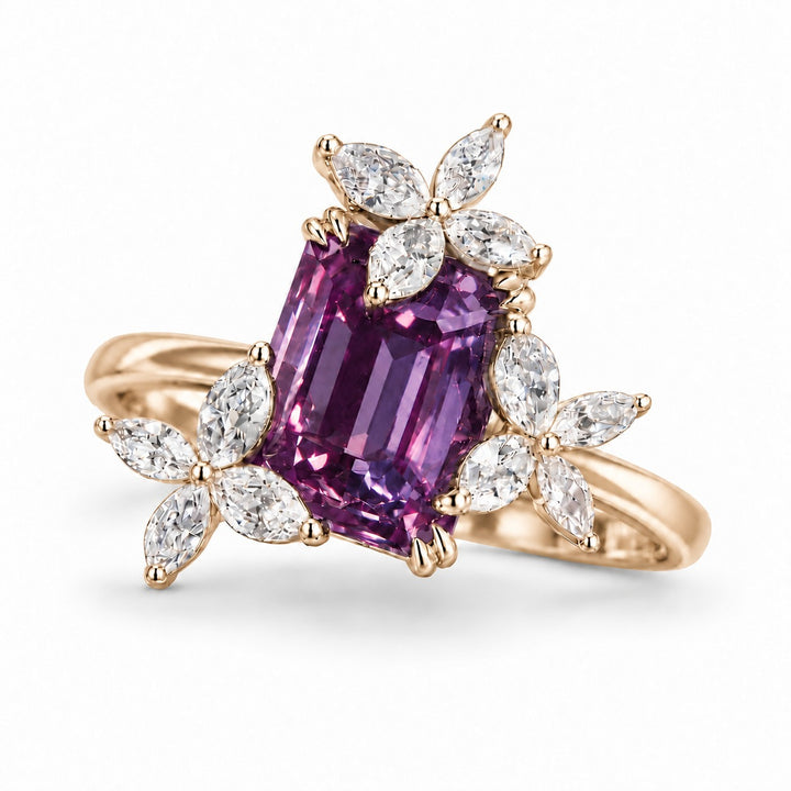 The Jardin — Emerald-Cut Alexandrite Floral Ring in 14K yellow gold, in warm light
