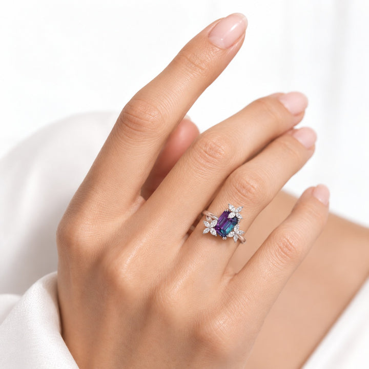 The Jardin — Emerald-Cut Alexandrite Floral Ring in 14K white gold, worn on hand