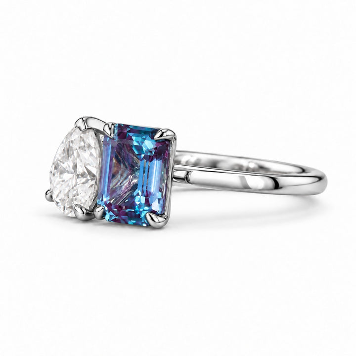 The Elysia — Alexandrite & Diamond Toi et Moi Ring in platinum, angled view