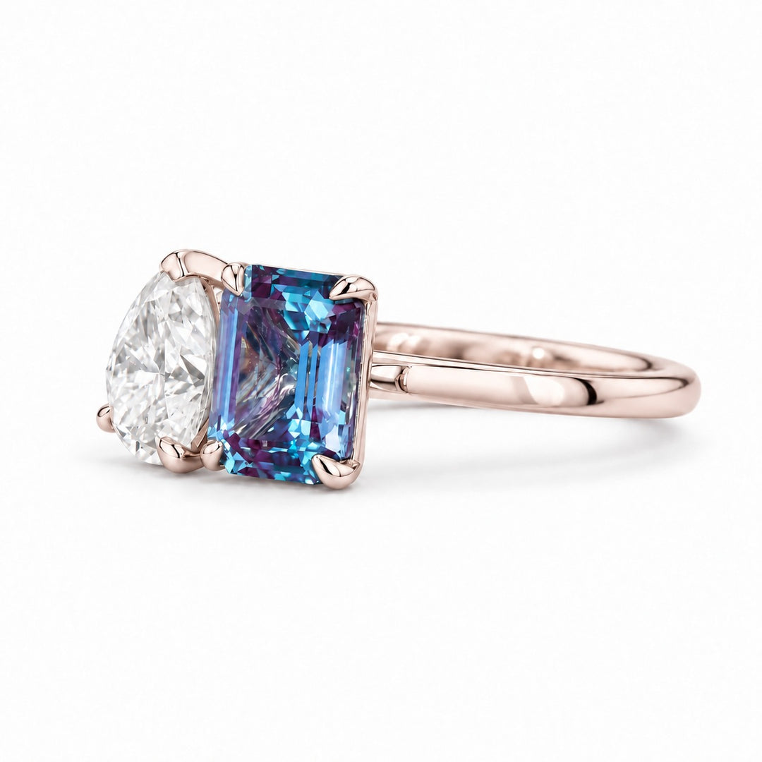 The Elysia — Alexandrite & Diamond Toi et Moi Ring in 14K rose gold, angled view