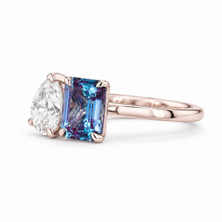 The Elysia — Alexandrite & Diamond Toi et Moi Ring in 14K rose gold, angled view