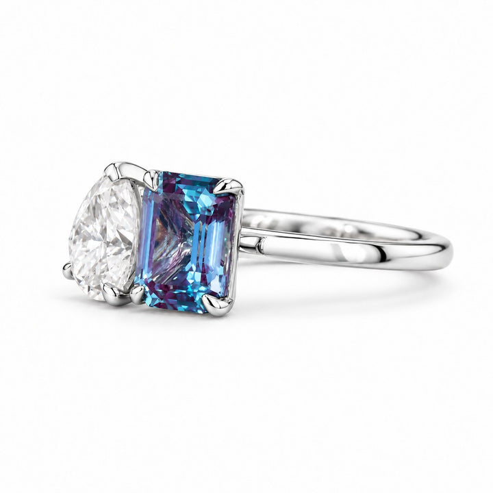 The Elysia — Alexandrite & Diamond Toi et Moi Ring in 14K white gold, angled view