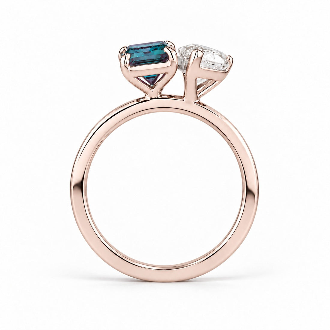The Elysia — Alexandrite & Diamond Toi et Moi Ring in 14K rose gold, profile view