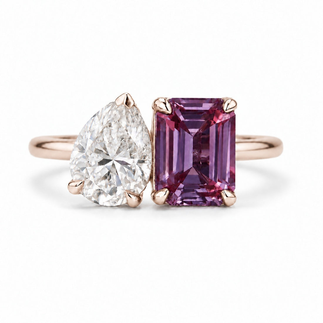 The Elysia — Alexandrite & Diamond Toi et Moi Ring in 14K rose gold, in warm light