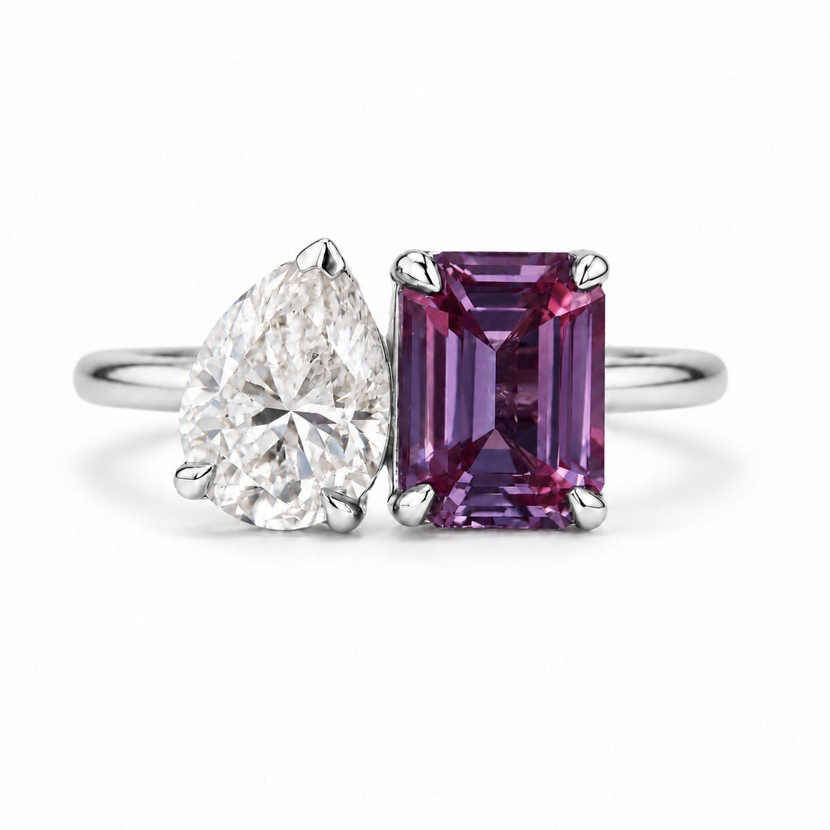 The Elysia — Alexandrite & Diamond Toi et Moi Ring in 14K white gold, in warm light